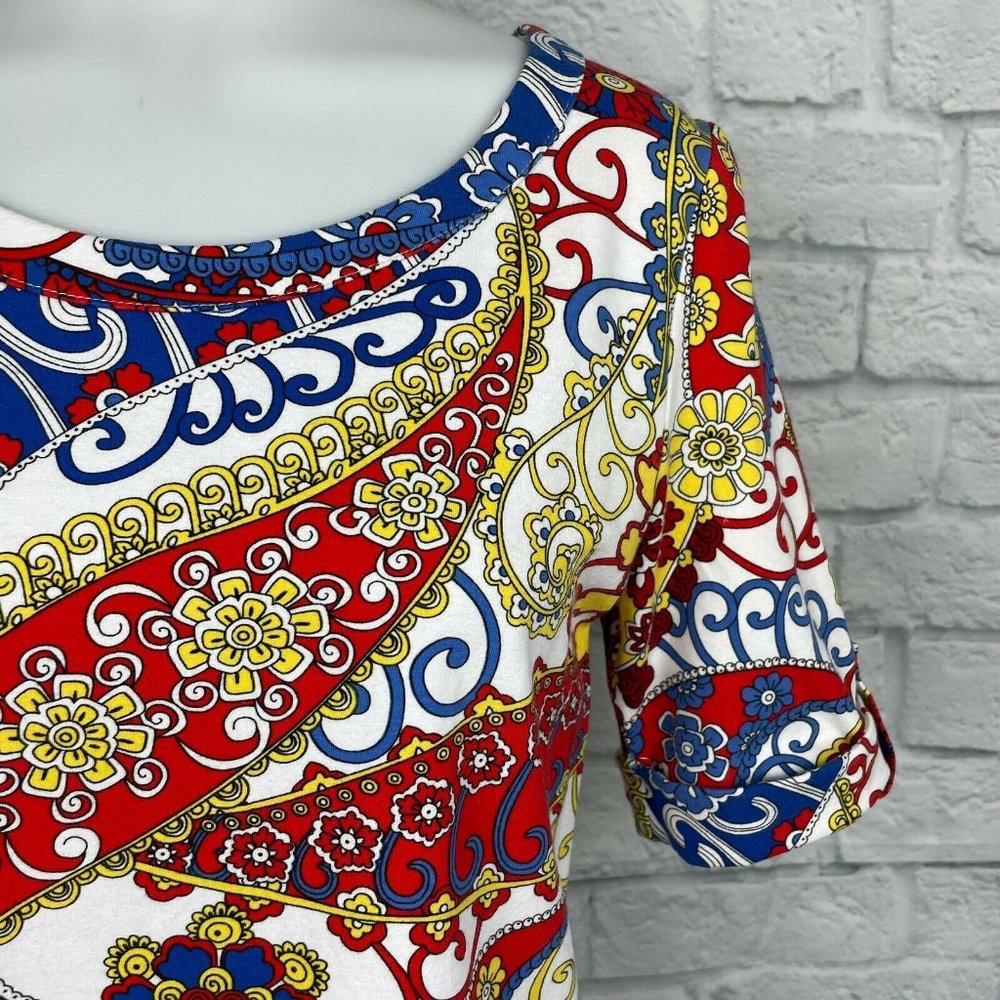 Talbots Large Excellent Top Paisley Red Blue Yellow Short Sleeve Stretch Cotton - Picture 3 of 10